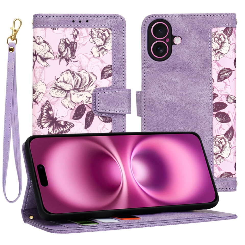 Husa pentru iPhone 16 Plus, SKYDDAR INNOVATION, Floral Wallet, din Piele Ecologică cu Design Floral, Protecție 360°, Stand Integrat, Buzunare pentru Carduri, Mov, set cu sticker
