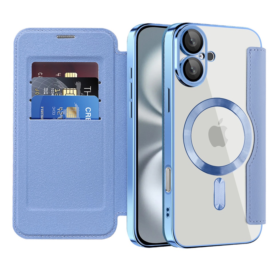 Husa pentru iPhone 16 Plus tip carte, SKYDDAR INOVATION, SmartMag Book, Magsafe, RFiD, Suport Carduri, set cu sticker, Bleu