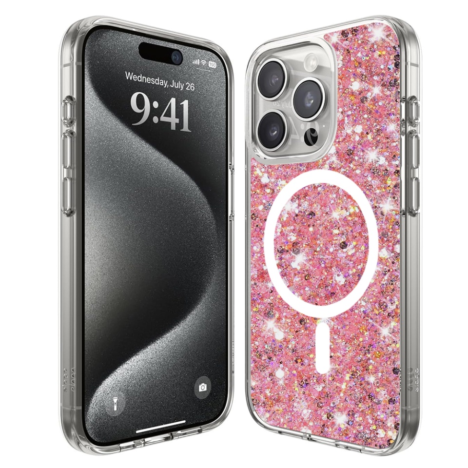 Husa pentru iPhone 16 Pro din Silicon cu Sclipici, Fundal Detasabil, Protectie Completa, SKDR SparkleCase - Roz