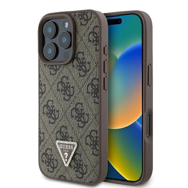 Husa pentru iPhone 16 Pro, Guess, Leather 4G Triangle Strass, Maro