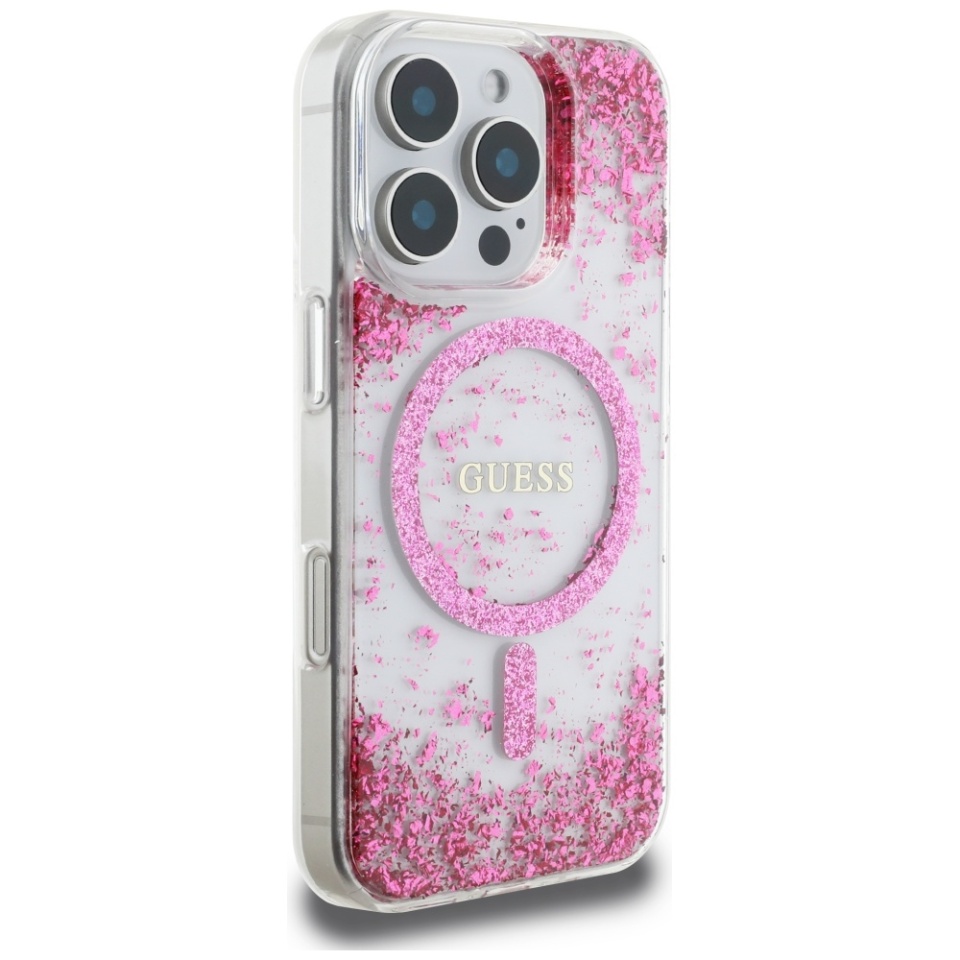 Husa pentru iPhone 16 Pro, Hardcase Resin Bottom Glitter MagSafe, Guess - Roz - 3 | YEO