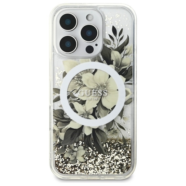 Husa pentru iPhone 16 Pro Liquid Glitter Flower MagSafe, Guess - Bej - 1 | YEO