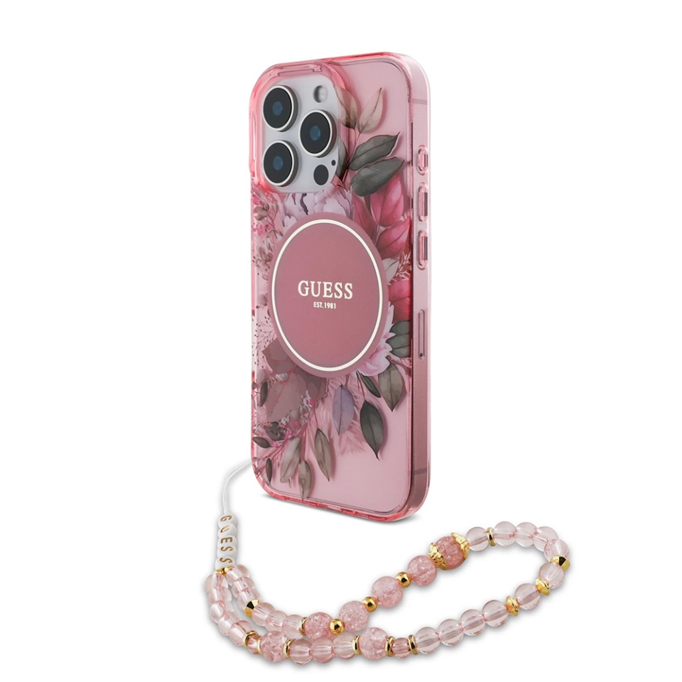 Husa pentru iPhone 16 Pro Max, IML Flowers with Pearl Strap MagSafe, Guess - Roz - 3 | YEO