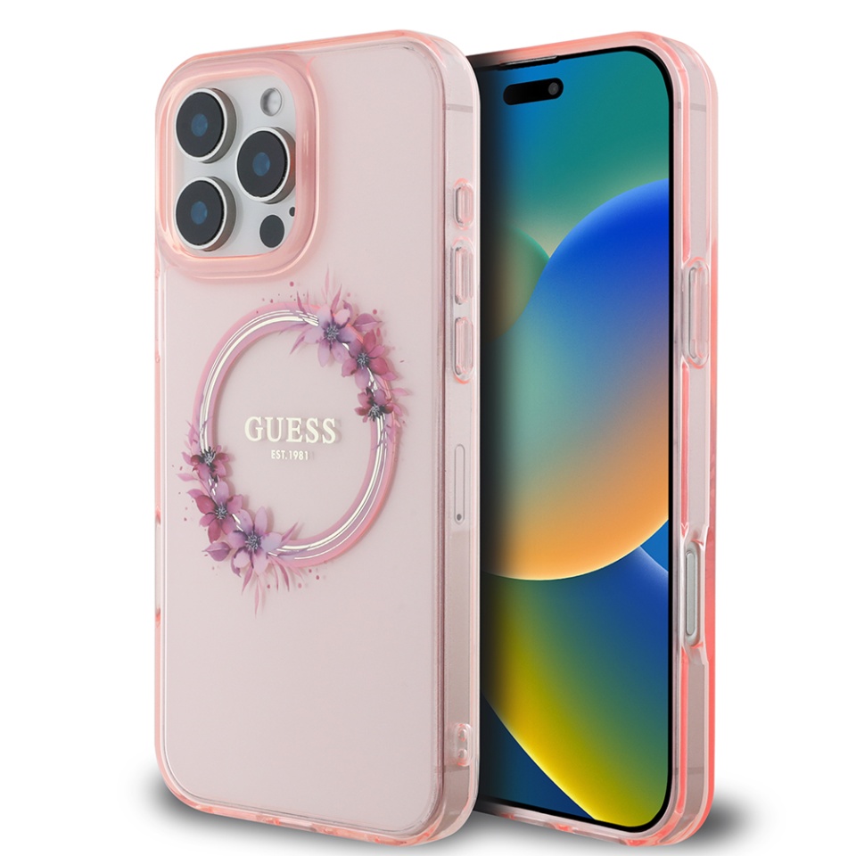 Husa pentru iPhone 16 Pro Max, IML Flowers Wreath MagSafe, Guess - Roz