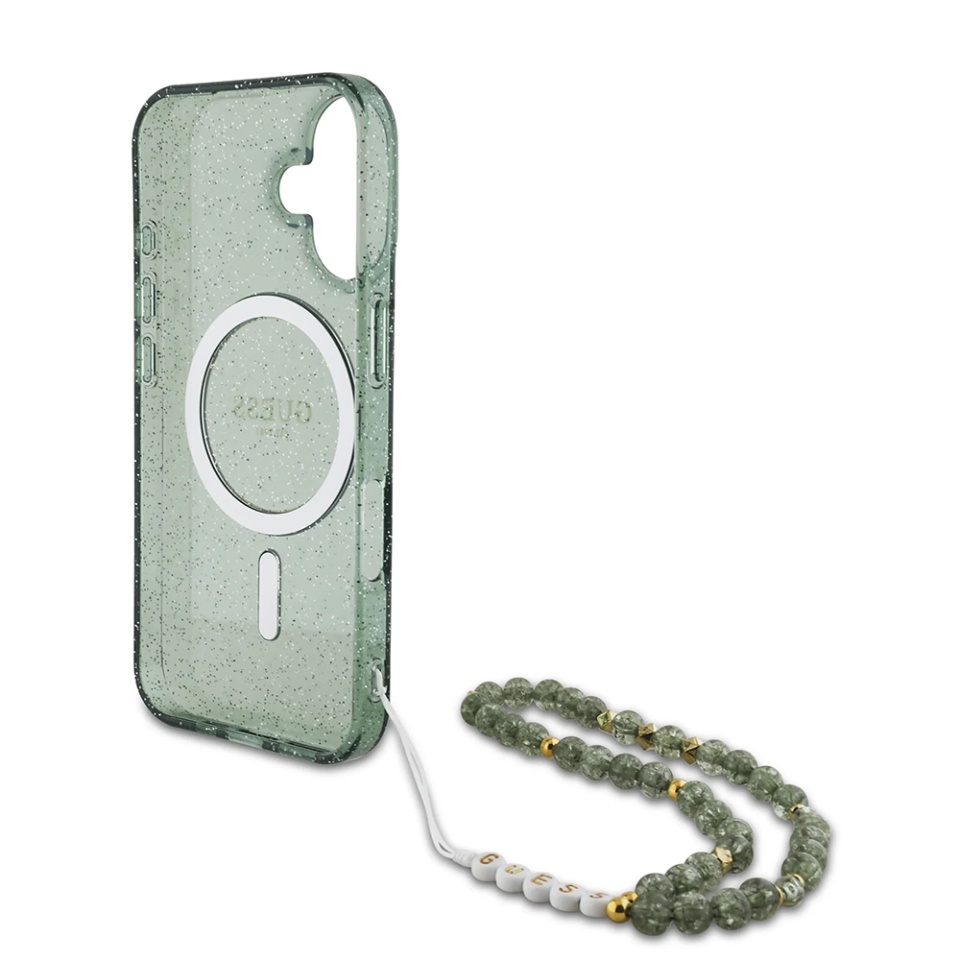 Husa pentru iPhone 16 Pro Max, IML Glitter with Pearl Strap MagSafe, Guess - Verde - 3 | YEO