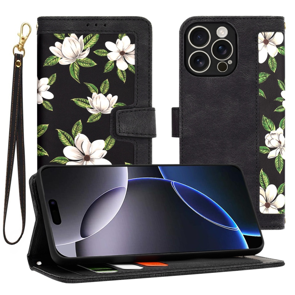 Husa pentru iPhone 16 Pro Max, SKYDDAR INNOVATION, Floral Wallet, din Piele Ecologică cu Design Floral, Protecție 360°, Stand Integrat, Buzunare pentru Carduri, Negru, set cu sticker