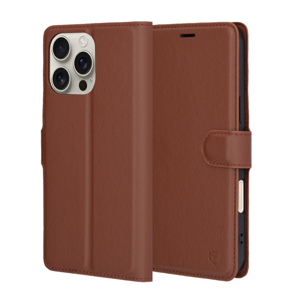 Husa pentru iPhone 16 Pro Max, SKYDDAR INNOVATION, Leather Folio, tip Carte, cu Portofel Interior, Finisaje Premium, Maro, set cu sticker