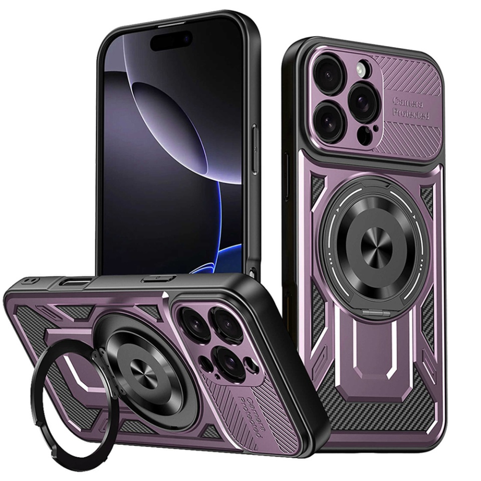 Husa pentru iPhone 16 Pro Max, SKYDDAR INNOVATION, RuggedCam, Inel magnetic antisoc, set cu sticker, Mov