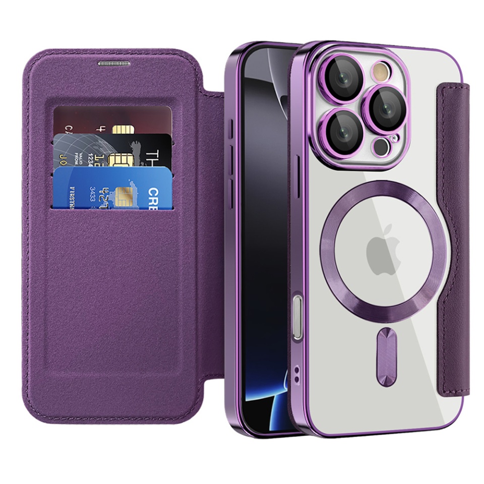 Husa pentru iPhone 16 Pro Max tip carte, SKYDDAR INOVATION, SmartMag Book, Magsafe, RFiD, Suport Carduri, set cu sticker, Mov