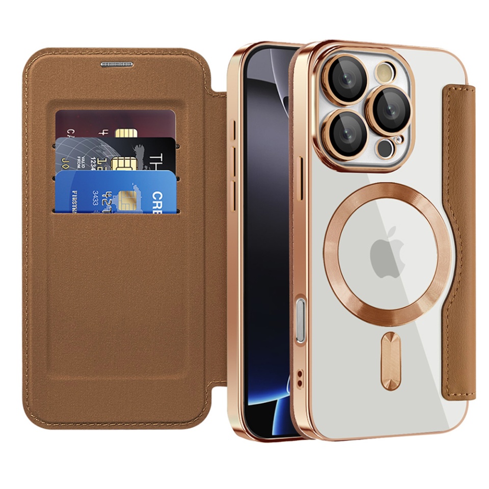 Husa pentru iPhone 16 Pro Max tip carte, SKYDDAR INOVATION, SmartMag Book, Magsafe, RFiD, Suport Carduri, set cu sticker, Maro
