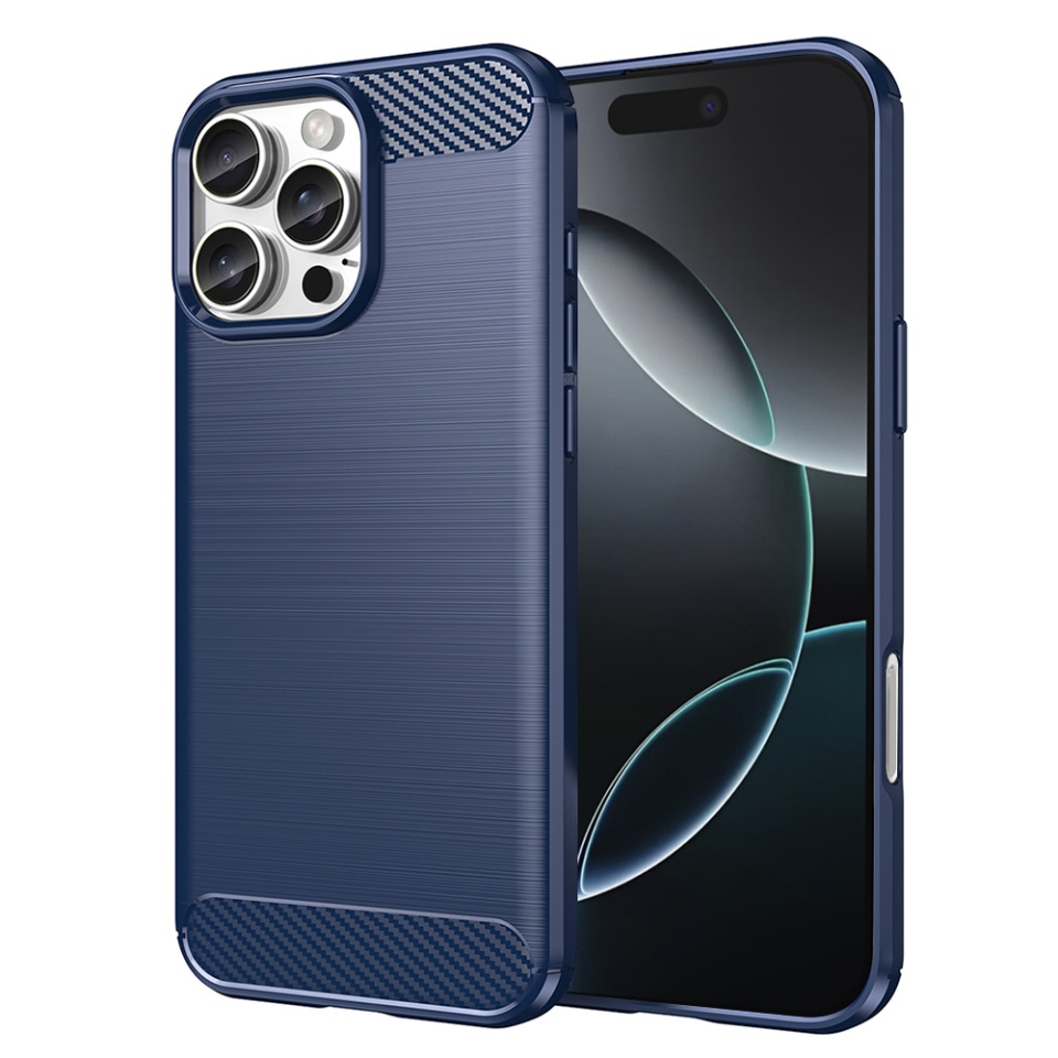 Husa pentru iPhone 16 Pro, SKYDDAR INNOVATION, Carbon Silicone, din Silicon Premium, Slim, cu textura Fibra Carbon, Albastru, set cu sticker