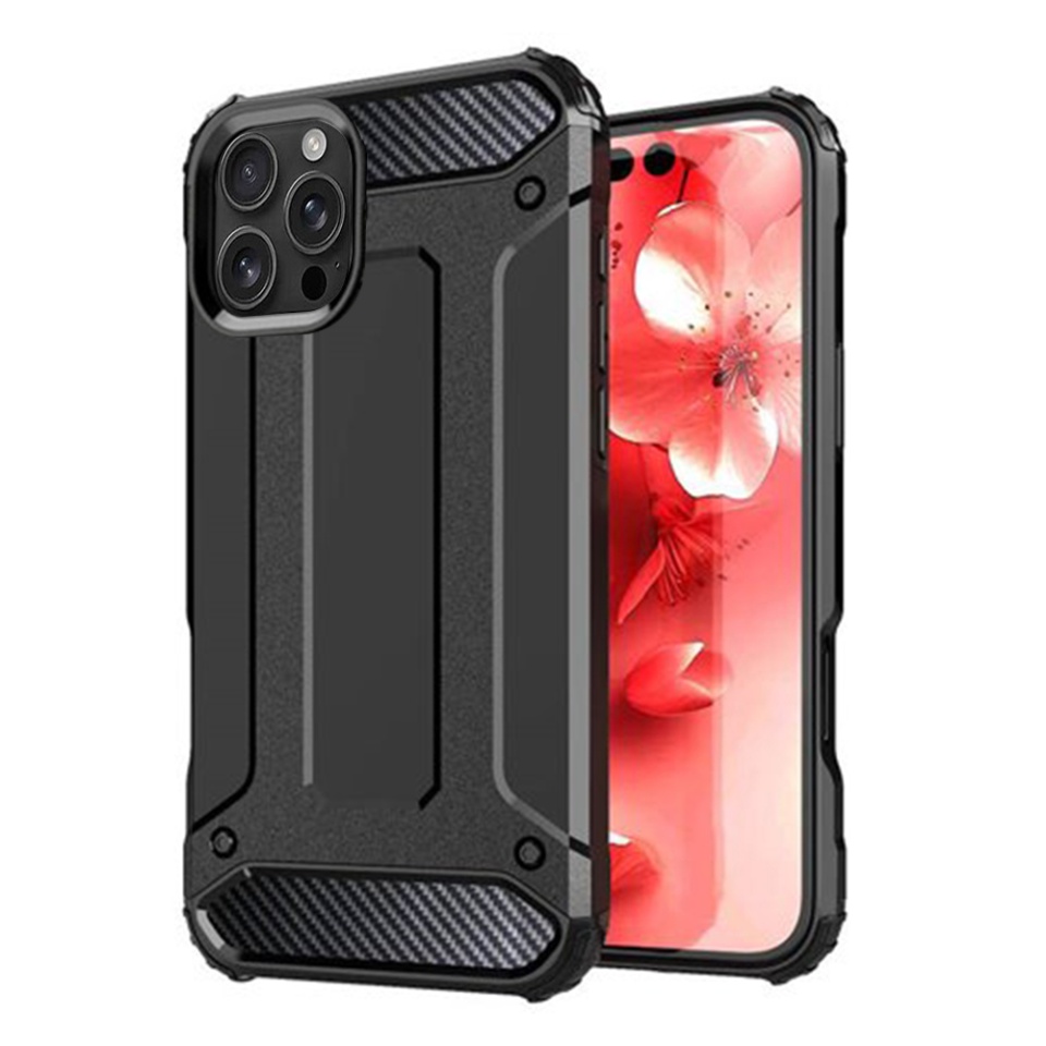 Husa pentru iPhone 16 Pro, SKYDDAR INNOVATION, Hybrid Armor, din Plastic Dur, Margini Cauciucate, Antisoc, Negru, set cu sticker