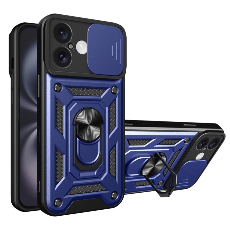 Husa pentru iPhone 16, SKYDDAR INNOVATION, CamShield, Albastru, set cu sticker