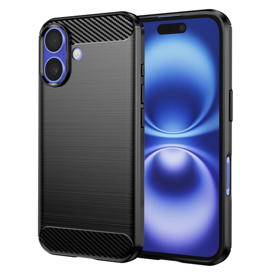 Husa pentru iPhone 16, SKYDDAR INNOVATION, Carbon Silicone, din Silicon Premium, Slim, cu textura Fibra Carbon, Negru, set cu sticker