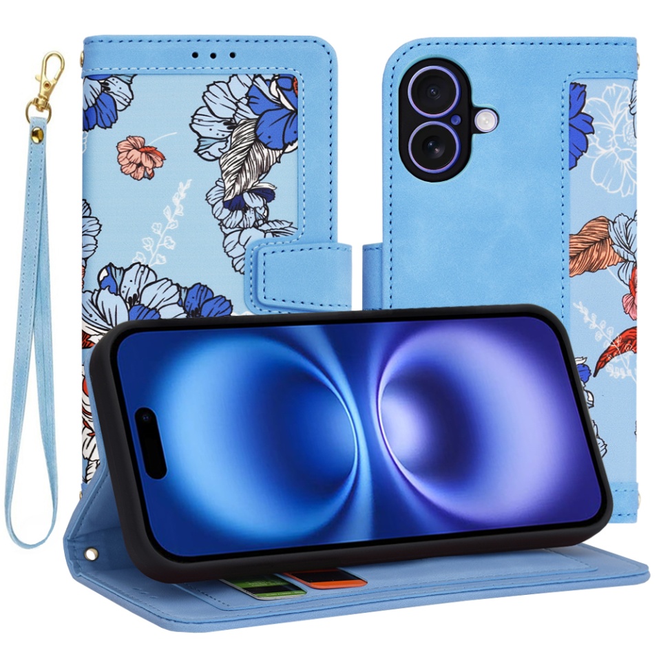 Husa pentru iPhone 16, SKYDDAR INNOVATION, Floral Wallet, din Piele Ecologică cu Design Floral, Protecție 360°, Stand Integrat, Buzunare pentru Carduri, Bleu, set cu sticker