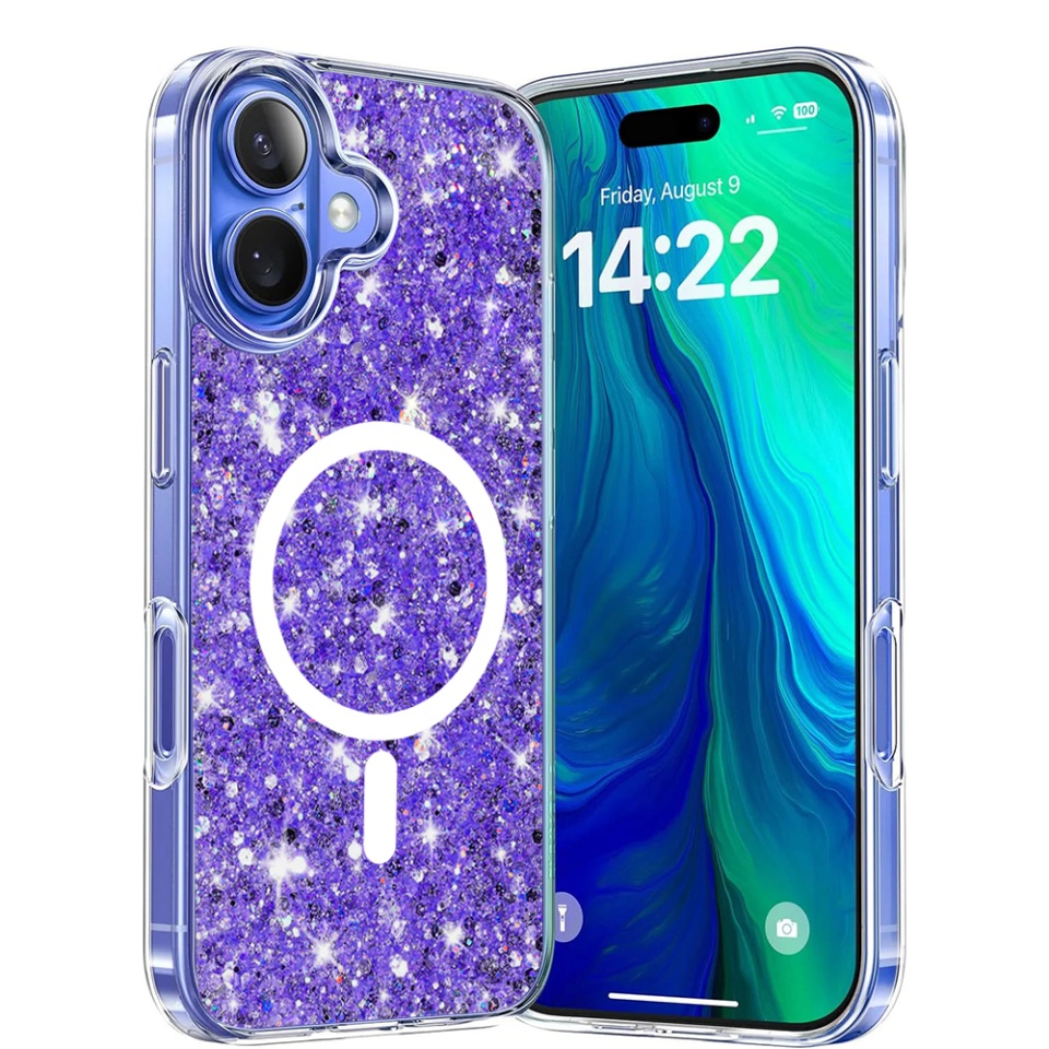 Husa pentru iPhone 16, SKYDDAR INNOVATION, SparkleCase, din Silicon cu Sclipici, Protectie Completa, set cu sticker, Mov