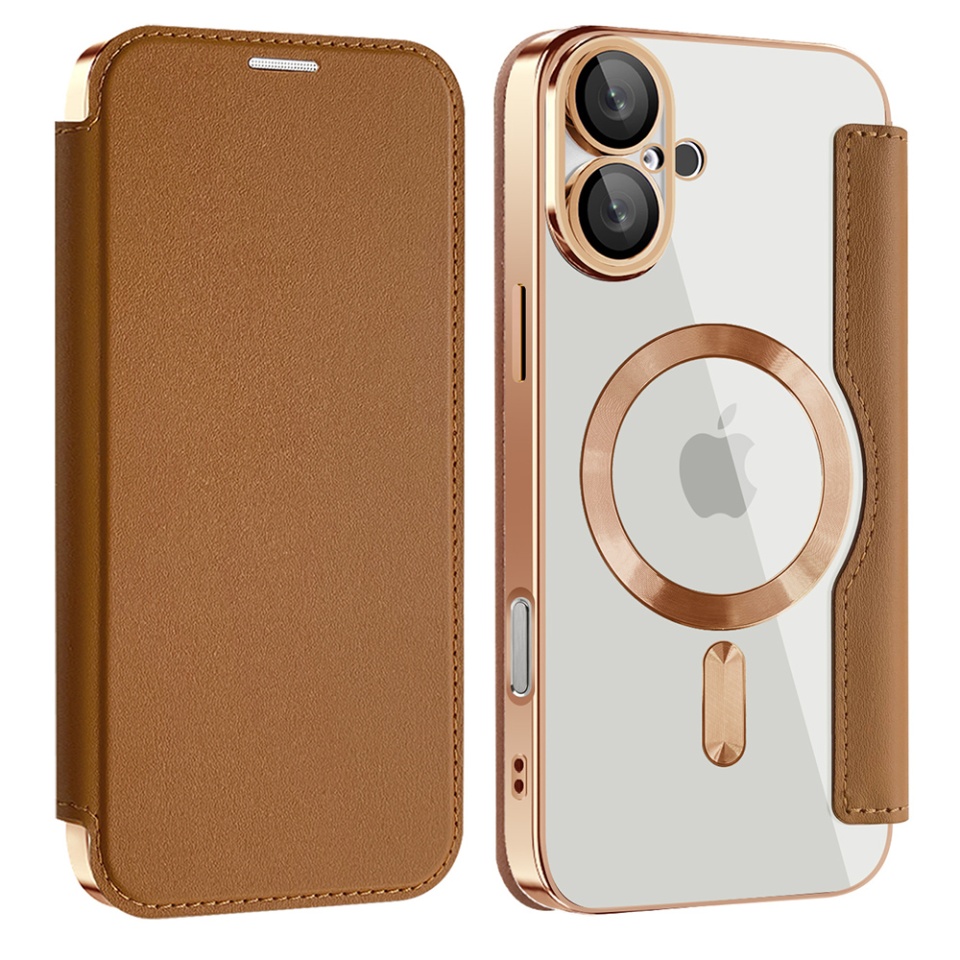 Husa pentru iPhone 16 tip carte, SKYDDAR INOVATION, SmartMag Book, Magsafe, RFiD, Suport Carduri, set cu sticker, Maro - 1 | YEO