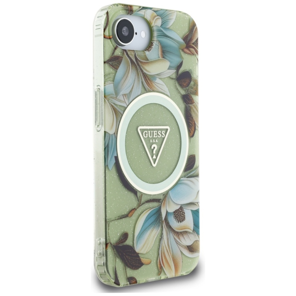 Husa pentru iPhone 16e, IML Flowers with Pearl Strap MagSafe, Guess - Verde - 3 | YEO