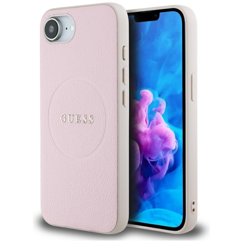 Husa pentru iPhone 16e, Saffiano Iridescent Script, Guess, Roz