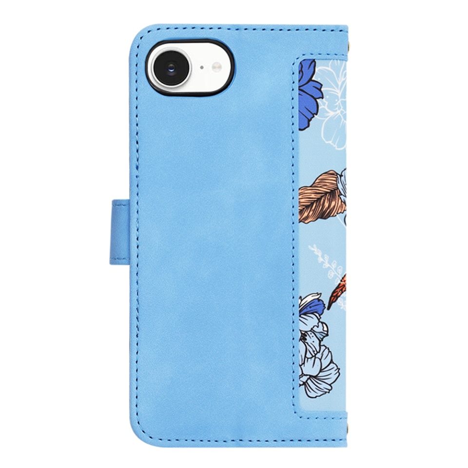 Husa pentru iPhone 16e, SKYDDAR INNOVATION, Floral Wallet, din Piele Ecologică cu Design Floral, Protecție 360°, Stand Integrat, Buzunare pentru Carduri, Bleu, set cu sticker - 2 | YEO