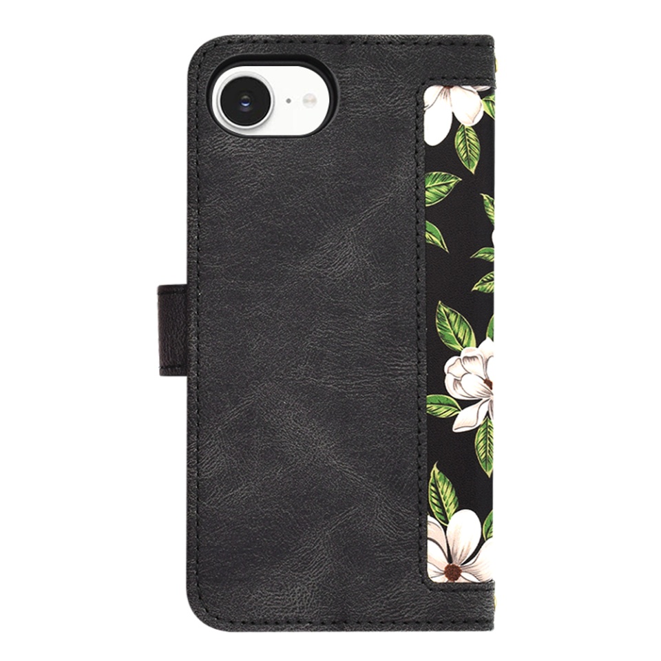 Husa pentru iPhone 16e, SKYDDAR INNOVATION, Floral Wallet, din Piele Ecologică cu Design Floral, Protecție 360°, Stand Integrat, Buzunare pentru Carduri, Negru, set cu sticker - 2 | YEO