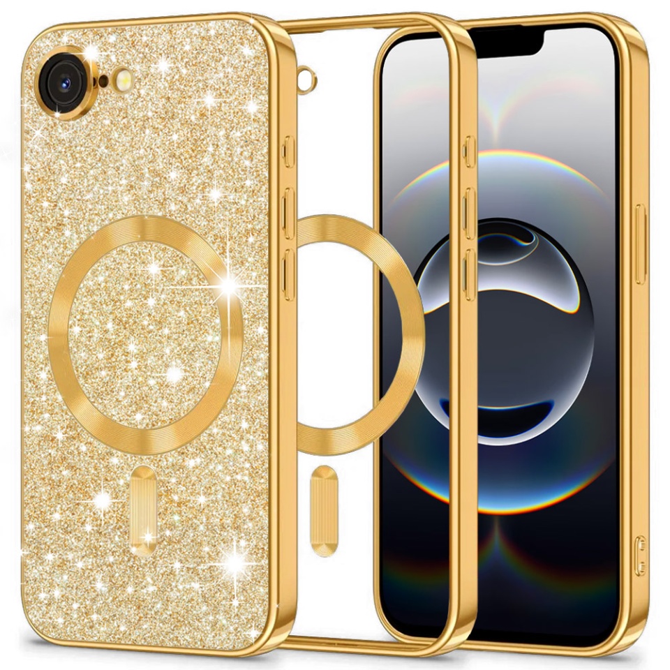 Husa pentru iPhone 16e, SKYDDAR INNOVATION, Luxury Glitter Magsafe, Antisoc, Fundal Detasabil 2-in-1, Protectie Superioara, Margini Ridicate, Auriu, set cu sticker
