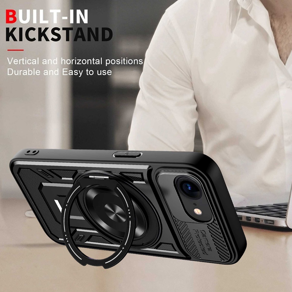 Husa pentru iPhone 16e, SKYDDAR INNOVATION, RuggedCam, Inel magnetic antisoc, set cu sticker, Negru - 2 | YEO