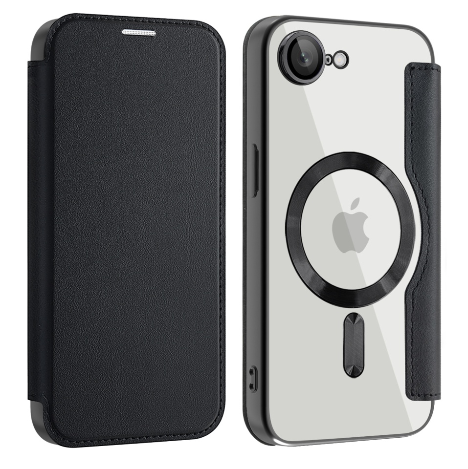 Husa pentru iPhone 16e tip carte, SKYDDAR INOVATION, SmartMag Book, Magsafe, RFiD, Suport Carduri, set cu sticker, Negru - 1 | YEO