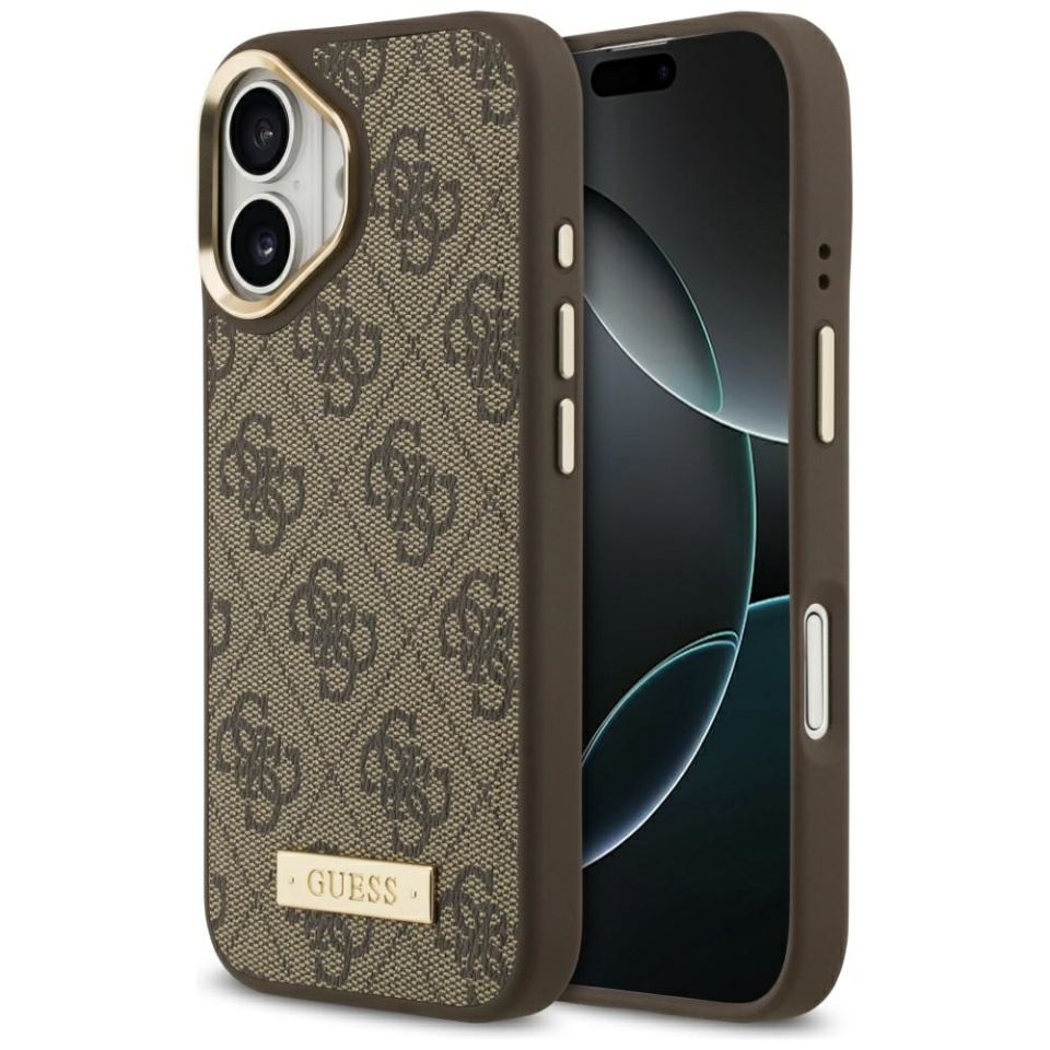 Husa pentru iPhone 17, Guess, Hardcase 4G Logo Plate MagSafe, Maro