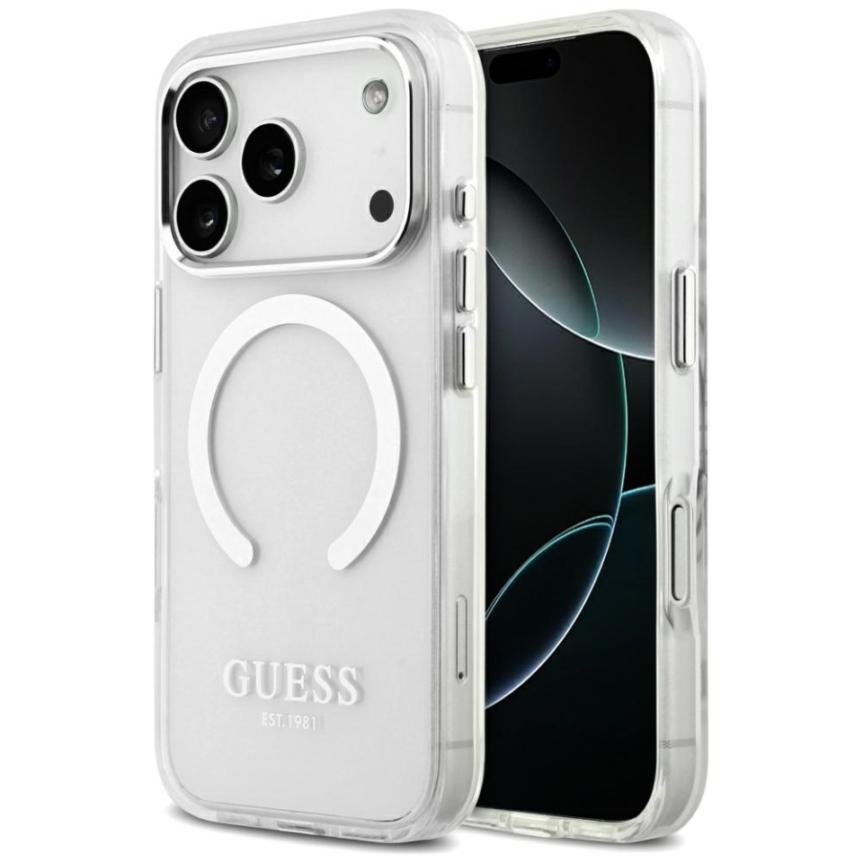 Husa pentru iPhone 17 Pro, Guess Clear MagSafe, Compatibila, Design Slim, Argintiu