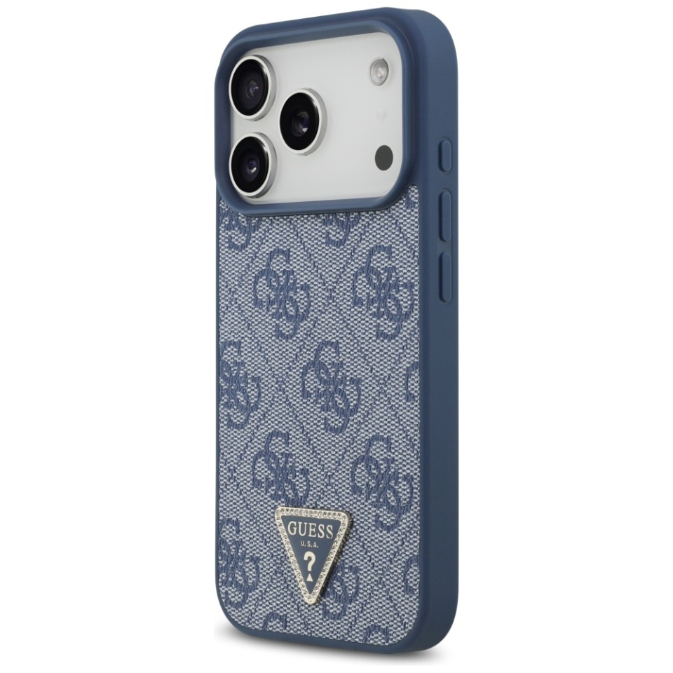 Husa pentru iPhone 17 Pro, Guess, Leather 4G Triangle Strass, Albastru - 2 | YEO