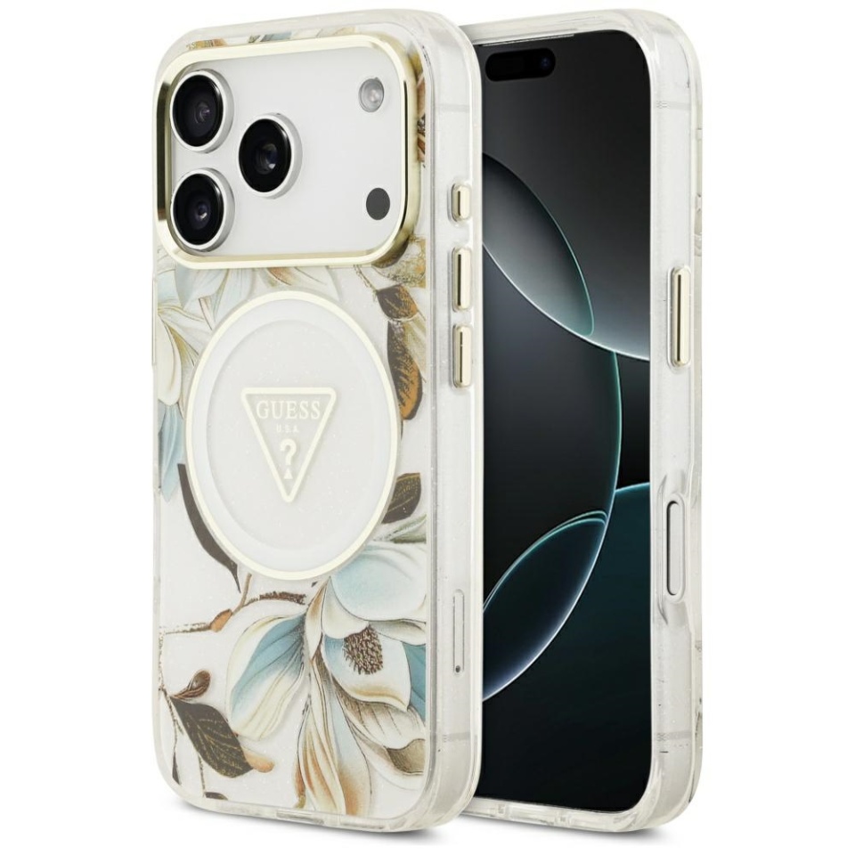 Husa pentru iPhone 17 Pro, IML Flowers with Pearl Strap MagSafe, Guess - Alb
