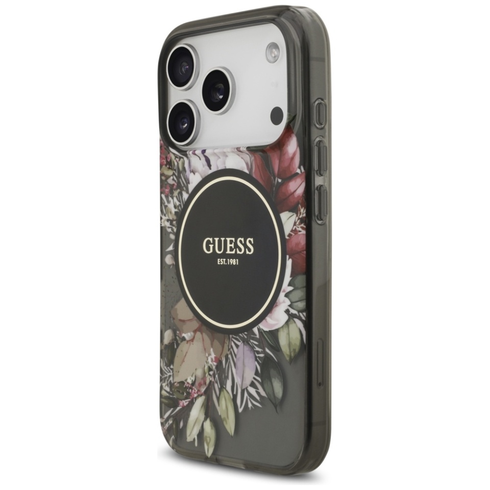 Husa pentru iPhone 17 Pro, IML Flowers with Pearl Strap MagSafe, Guess - Negru - 2 | YEO