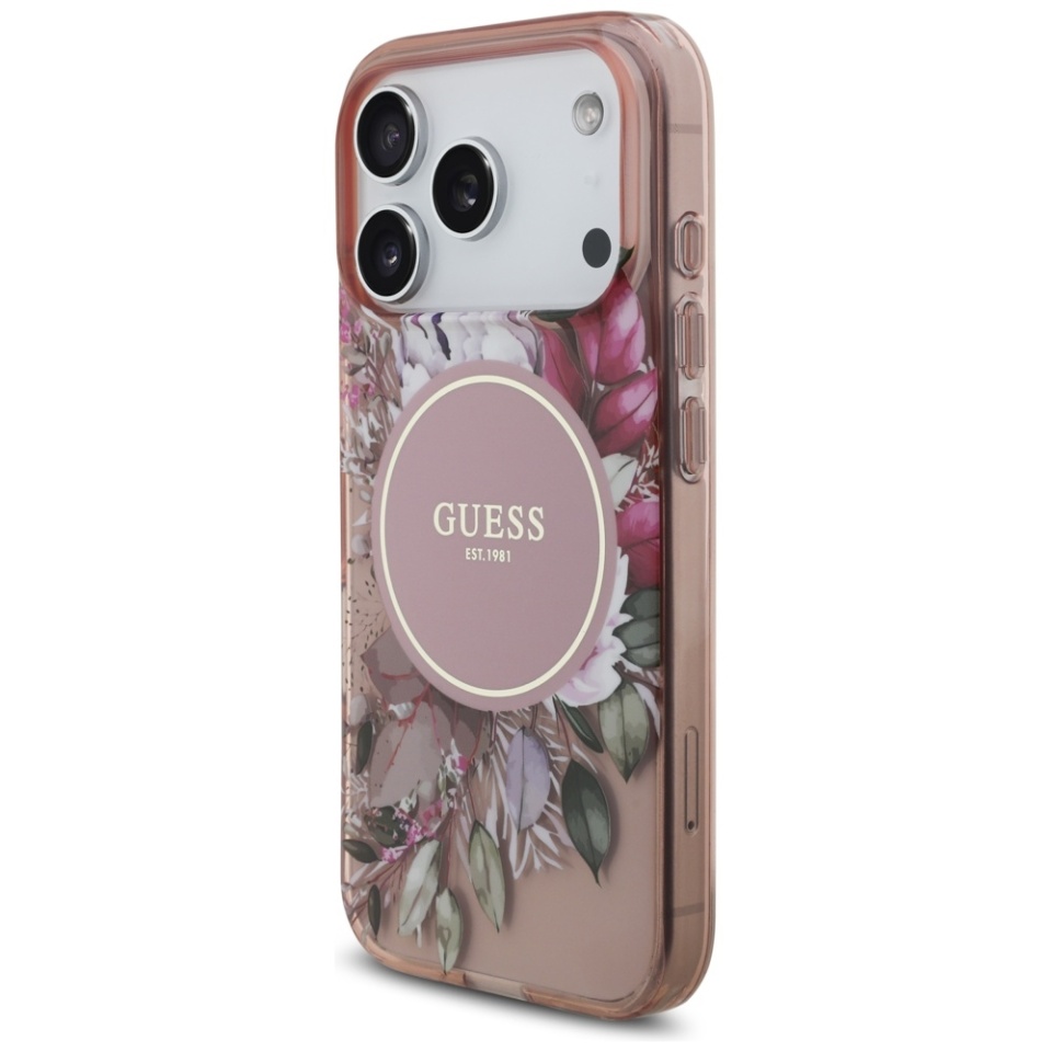 Husa pentru iPhone 17 Pro, IML Flowers with Pearl Strap MagSafe, Guess - Roz - 2 | YEO