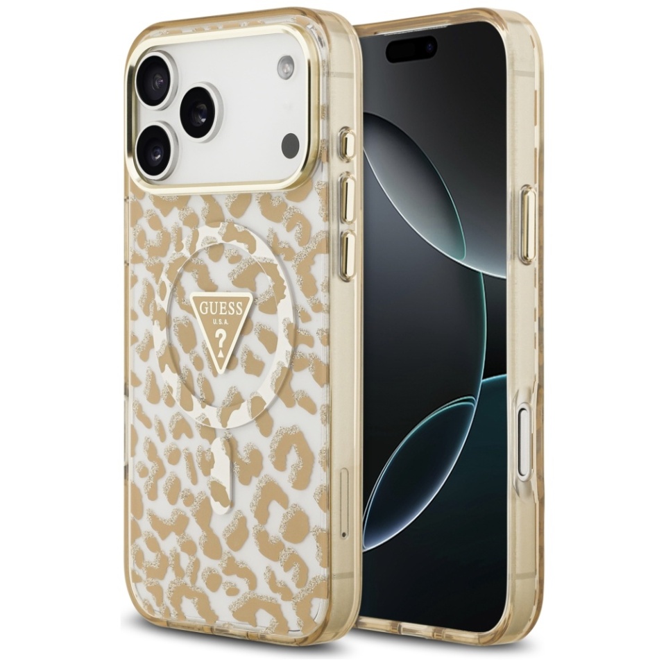 Husa pentru iPhone 17 Pro, Leopard Glitter MagSafe, Guess, Maro