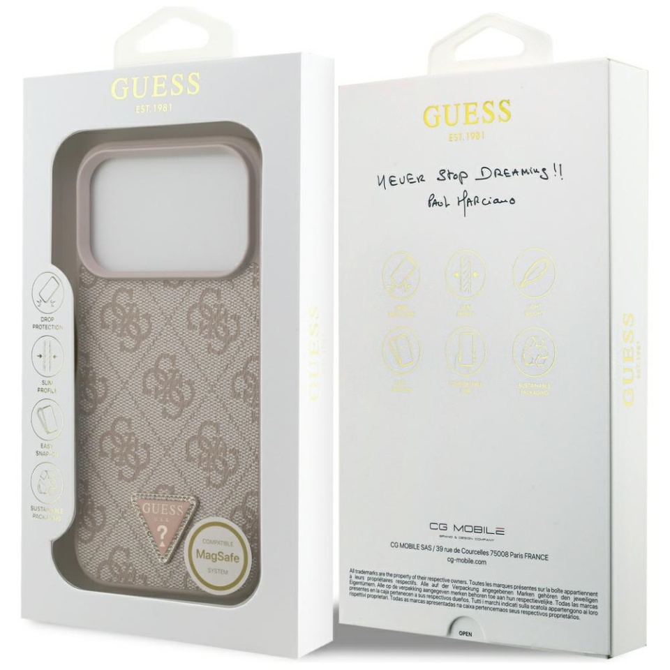 Husa pentru iPhone 17 Pro Max, Guess, Leather 4G Triangle Strass, Roz - 6