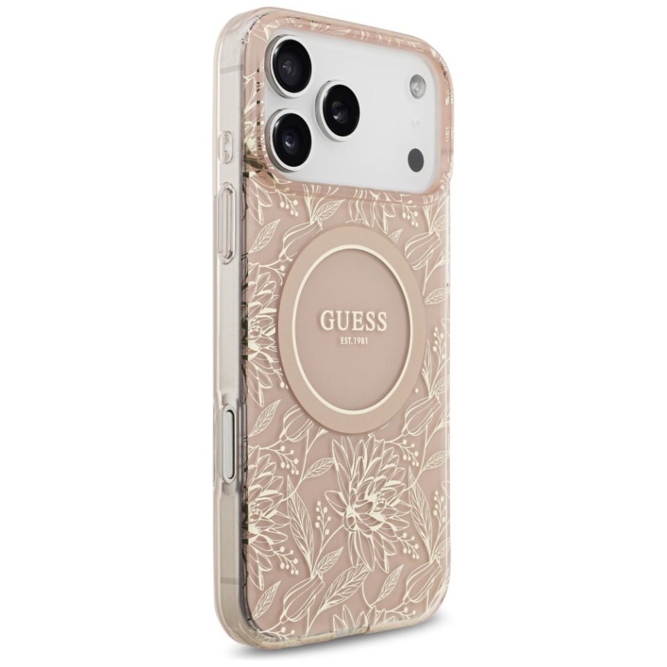 Husa pentru iPhone 17 Pro Max, IML Flowers with Pearl Strap MagSafe, Guess - Roz - 1 | YEO