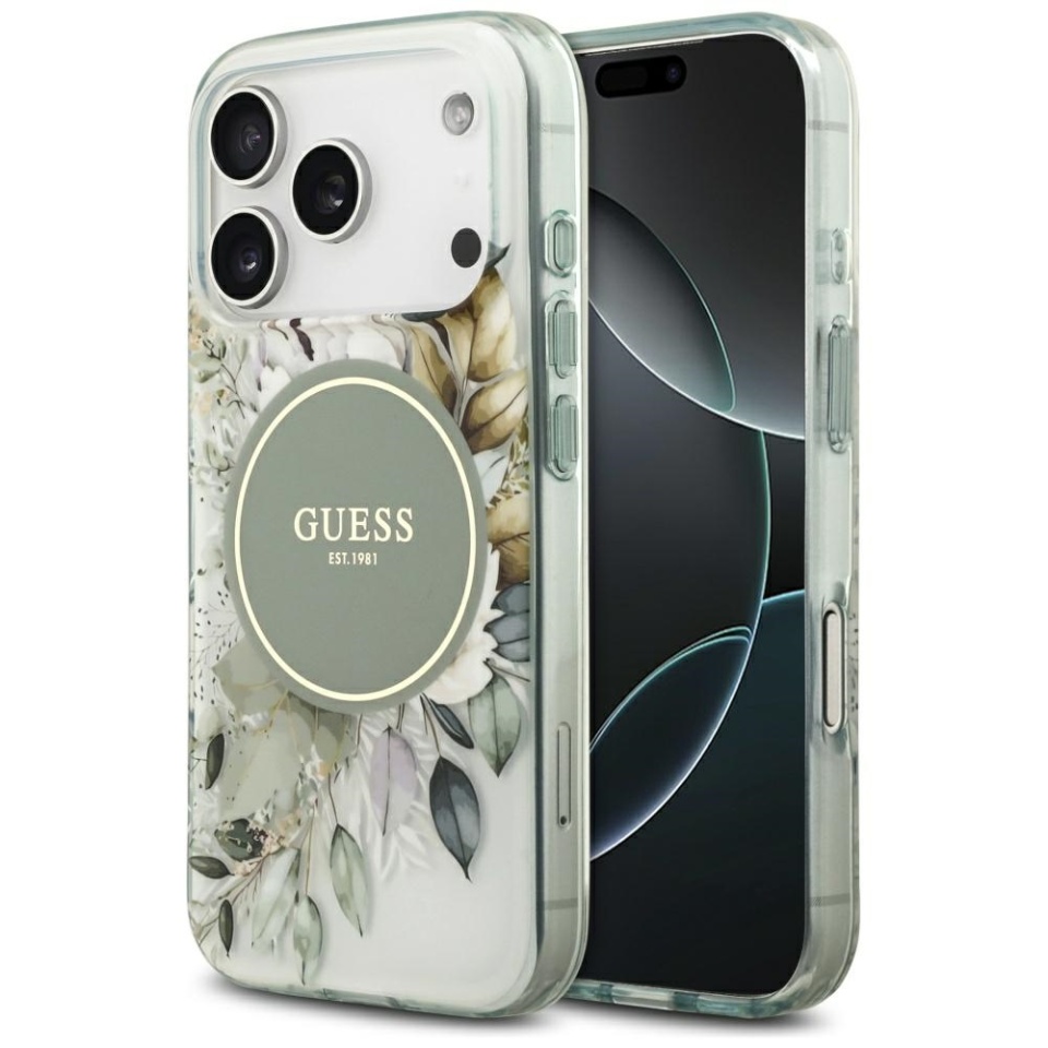Husa pentru iPhone 17 Pro Max, IML Flowers with Pearl Strap MagSafe, Guess - Verde