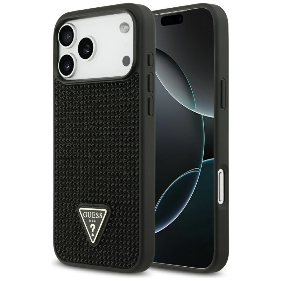 Husa pentru iPhone 17 Pro Max, Rhinestone Triangle, Guess, Negru