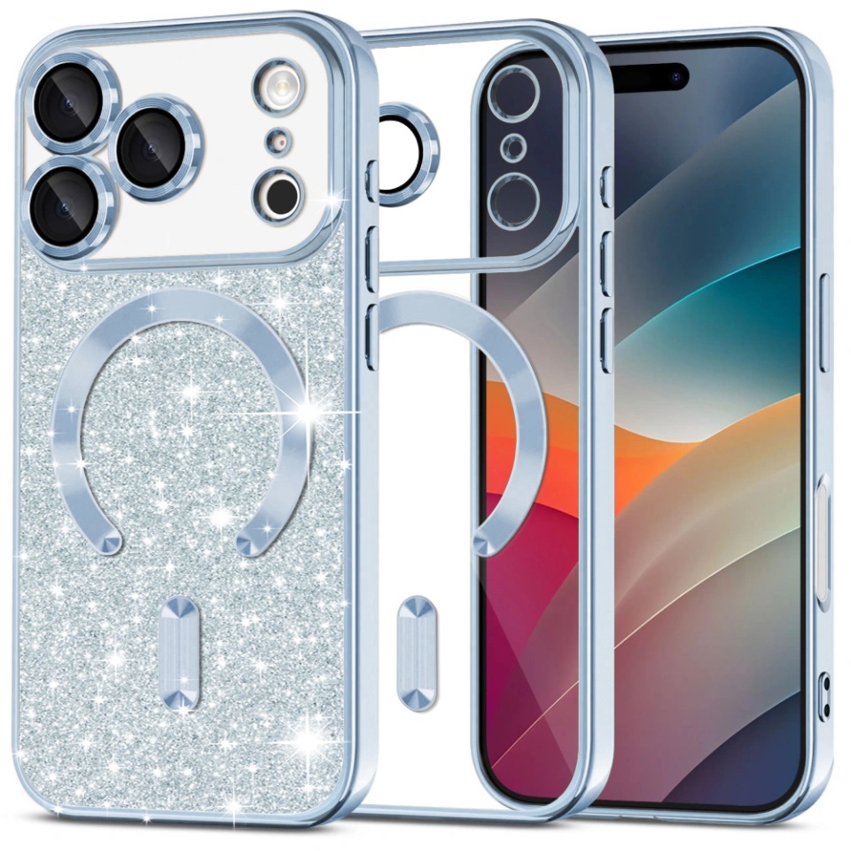 Husa pentru iPhone 17 Pro Max, SKYDDAR INNOVATION, Luxury Glitter Magsafe, Antisoc, Fundal Detasabil 2-in-1, Margini Ridicate, set cu sticker, Bleu