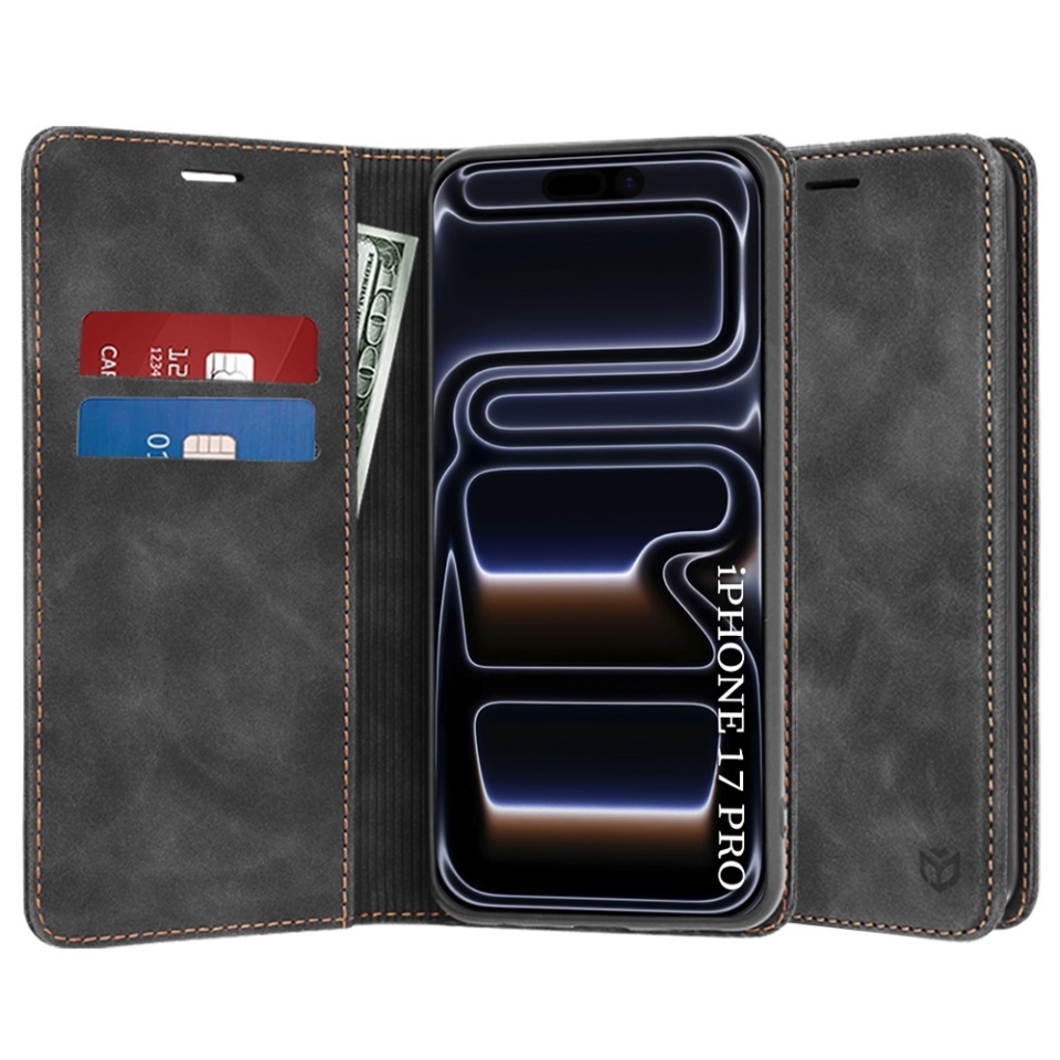 Husa pentru iPhone 17 Pro, SKYDDAR INNOVATION, Confy Cover tip Carte din piele Eco Premium, cu Portofel Interior, set cu sticker, Negru