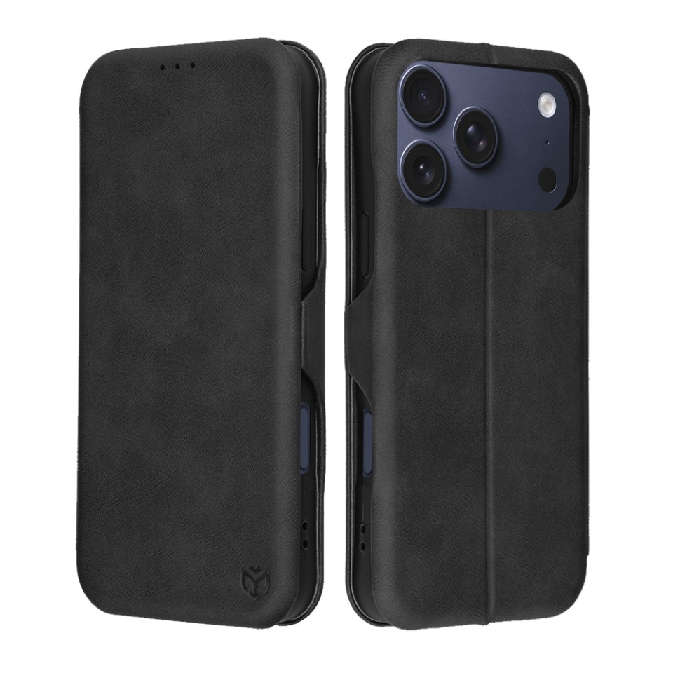 Husa pentru iPhone 17 Pro, SKYDDAR INNOVATION, Safe Wallet tip carte din Piele Ecologica, Suport Carduri, Inchidere Magnetica, Negru, set cu sticker