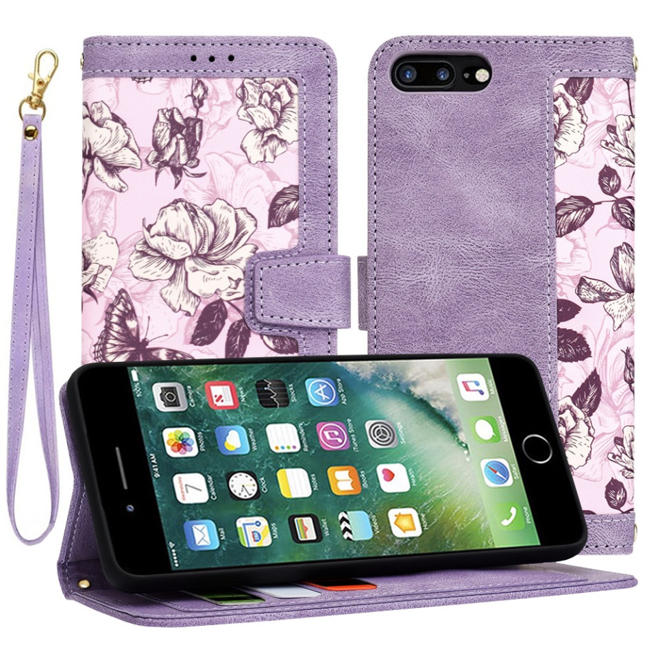 Husa pentru iPhone 8 Plus / 7 Plus din Piele Ecologică cu Design Floral, Protecție 360°, Stand Integrat, Buzunare pentru Carduri, SKDR Floral Wallet - Mov