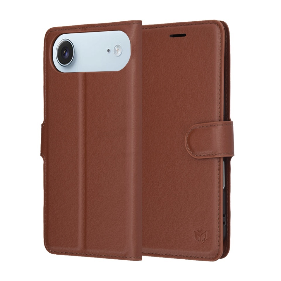 Husa pentru iPhone Air, SKYDDAR INNOVATION, Leather Folio tip Carte, cu Portofel Interior, Finisaje Premium, set cu sticker, Maro