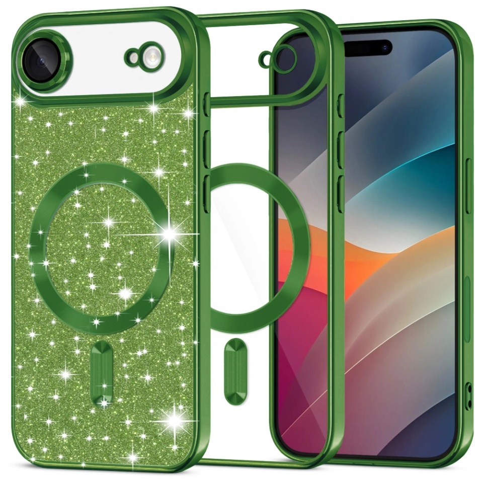 Husa pentru iPhone Air, SKYDDAR INNOVATION, Luxury Glitter Magsafe, Antisoc, Fundal Detasabil 2-in-1, Margini Ridicate, set cu sticker, Verde