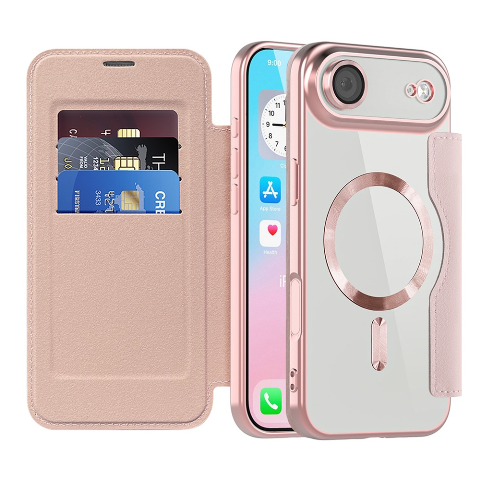 Husa pentru iPhone Air tip carte, SKYDDAR INOVATION, SmartMag Book, Magsafe, RFiD, Suport Carduri, set cu sticker, Roz