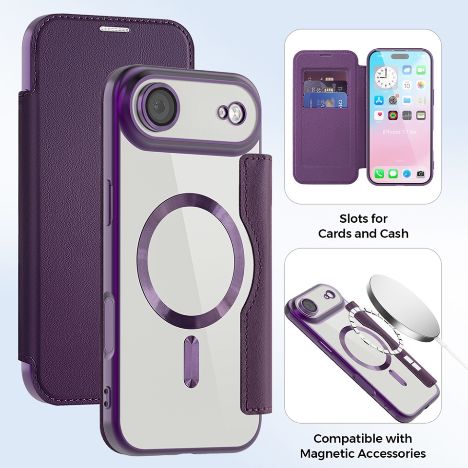 Husa pentru iPhone Air tip carte, SKYDDAR INOVATION, SmartMag Book, Magsafe, RFiD, Suport Carduri, set cu sticker, Mov - 2 | YEO