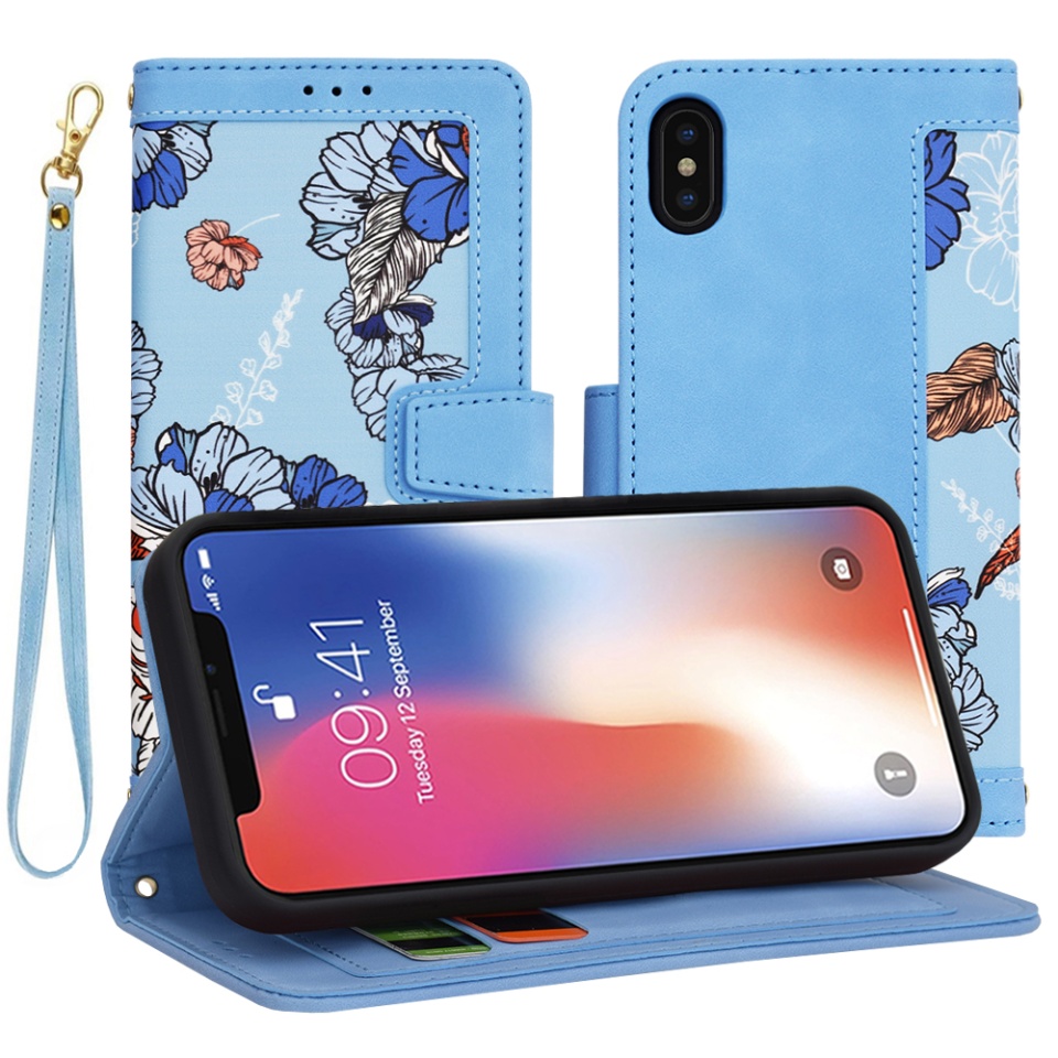 Husa pentru iPhone X, iPhone 10 / XS din Piele Ecologică cu Design Floral, Protecție 360°, Stand Integrat, Buzunare pentru Carduri, SKDR Floral Wallet - Bleu