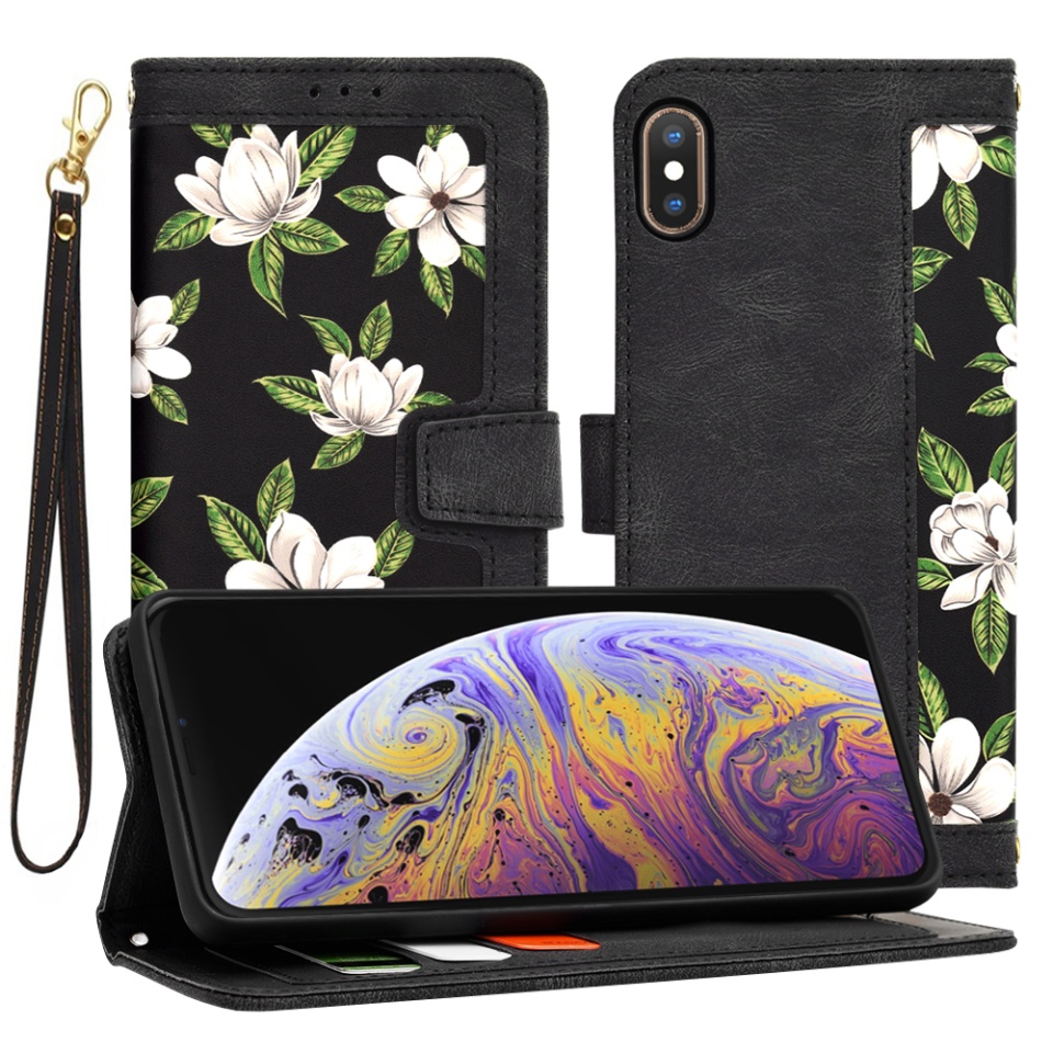 Husa pentru iPhone XS Max din Piele Ecologică cu Design Floral, Protecție 360°, Stand Integrat, Buzunare pentru Carduri, SKDR Floral Wallet - Negru