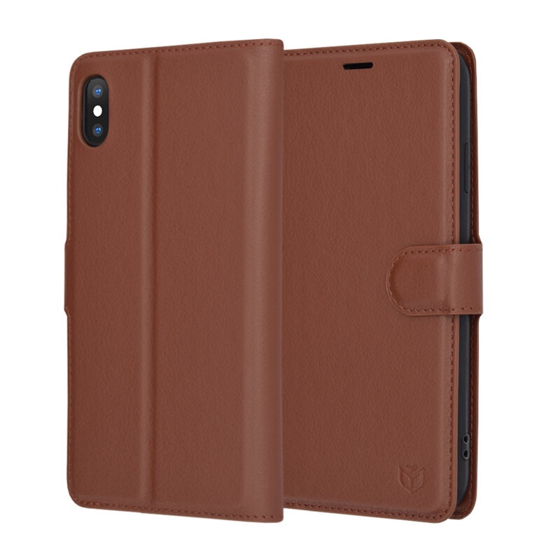 Husa pentru iPhone XS Max, SKYDDAR INNOVATION, Leather Folio tip Carte, cu Portofel Interior, Finisaje Premium, set cu sticker, Maro